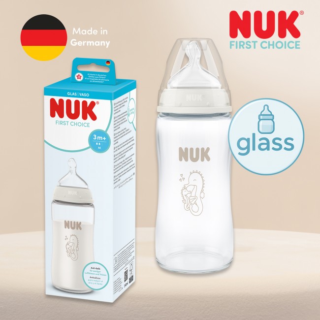 NUK First Choice беби шише СТАКЛО 240мл Temperature Control силикон цуцла (3m+)